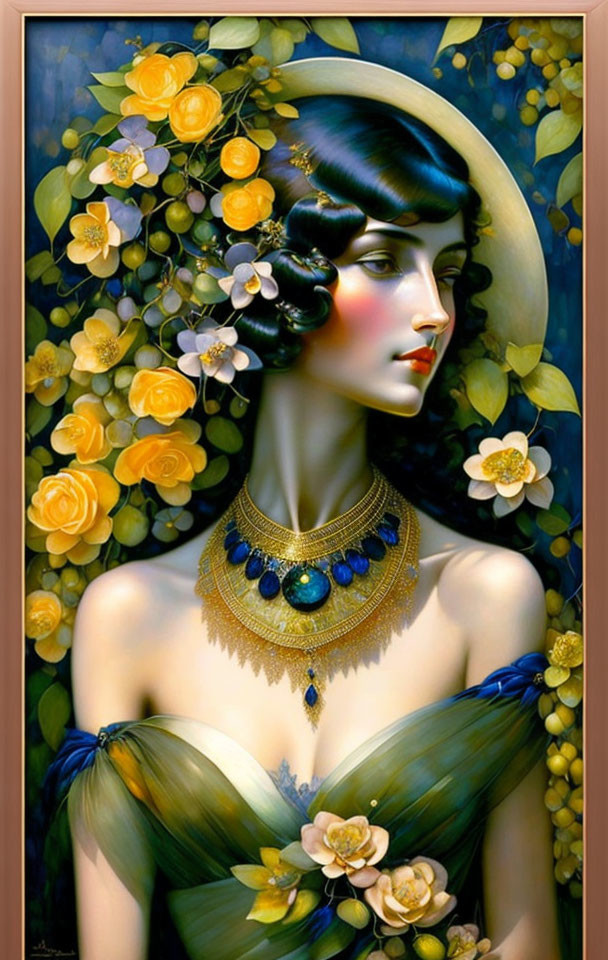 Woman with Wide-Brimmed Hat, Yellow Flowers, Green Dress, and Blue Gem Necklace