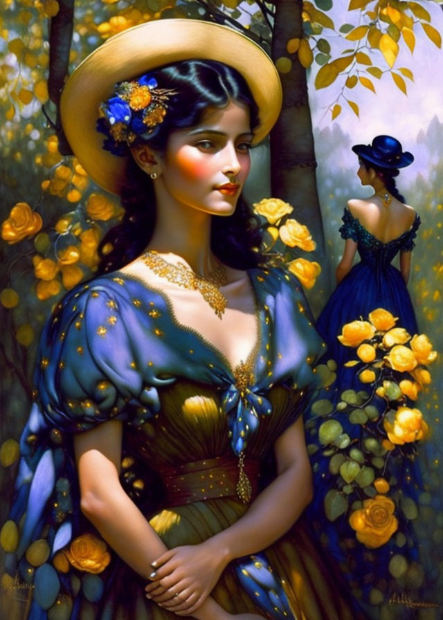 Woman in Blue Dress with Gold Accents Surrounded by Yellow Roses