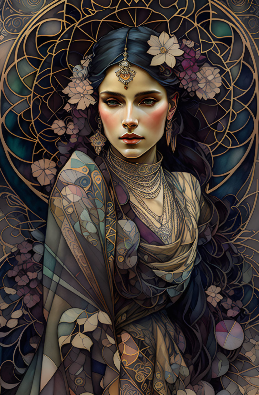 Illustrated woman adorned in ornate jewelry against intricate golden patterns