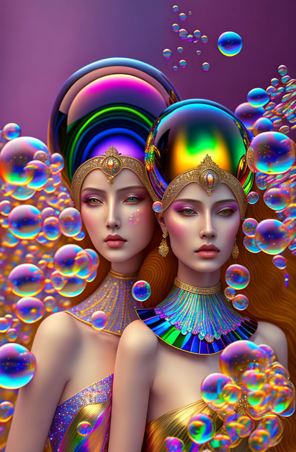 Stylized women with elaborate headpieces on colorful, iridescent backgrounds