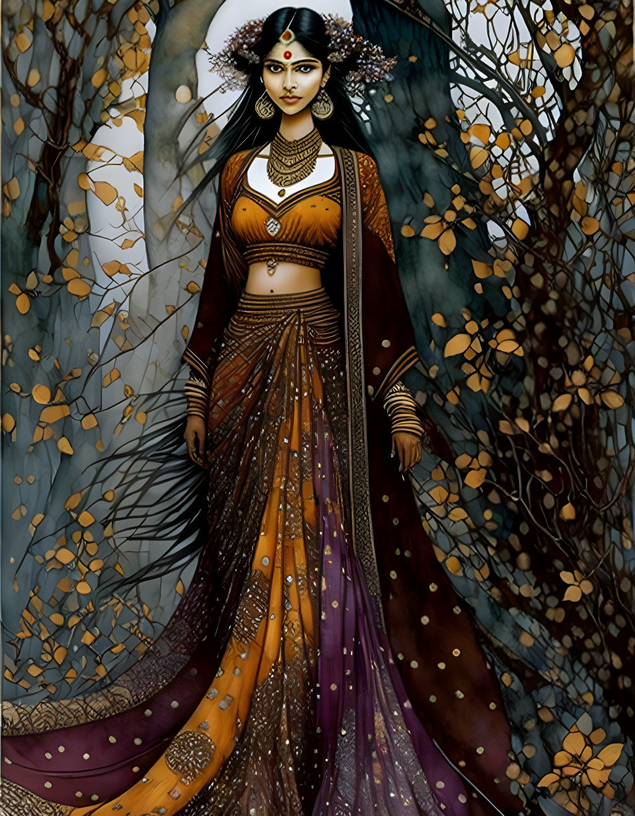 Illustrated woman in Indian saree in mystical forest