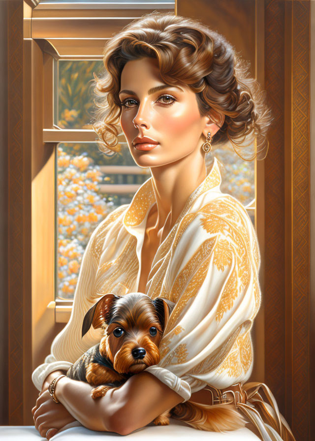 Styled woman with dog by window in sunlight.