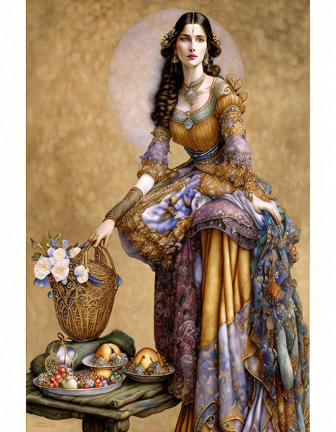 Renaissance-style painting of elegant woman with flowers basket