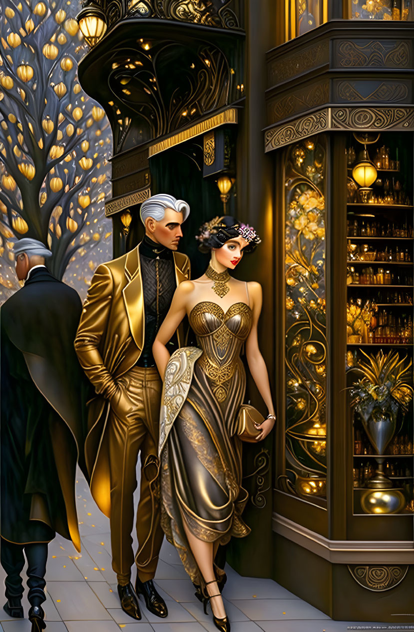 Elegant couple in golden attire by luxurious boutique window at dusk