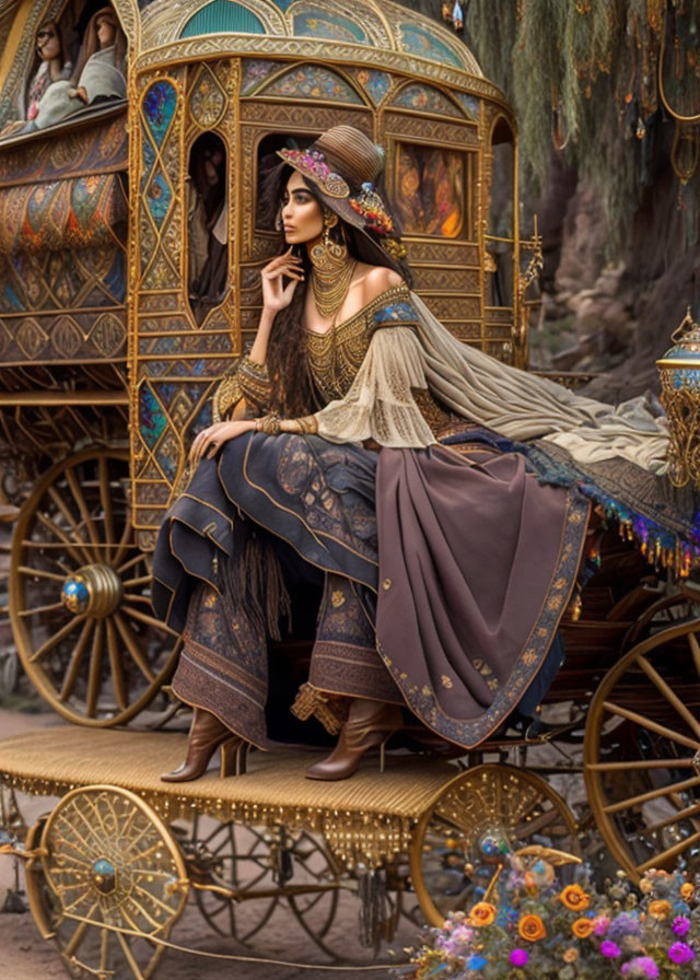 Elaborately dressed woman on fantasy carriage in mystical forest