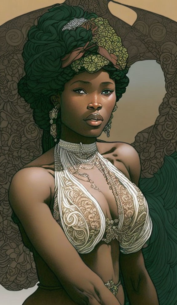 Detailed illustration of woman with intricate tattoos, headwrap, and ornate necklace