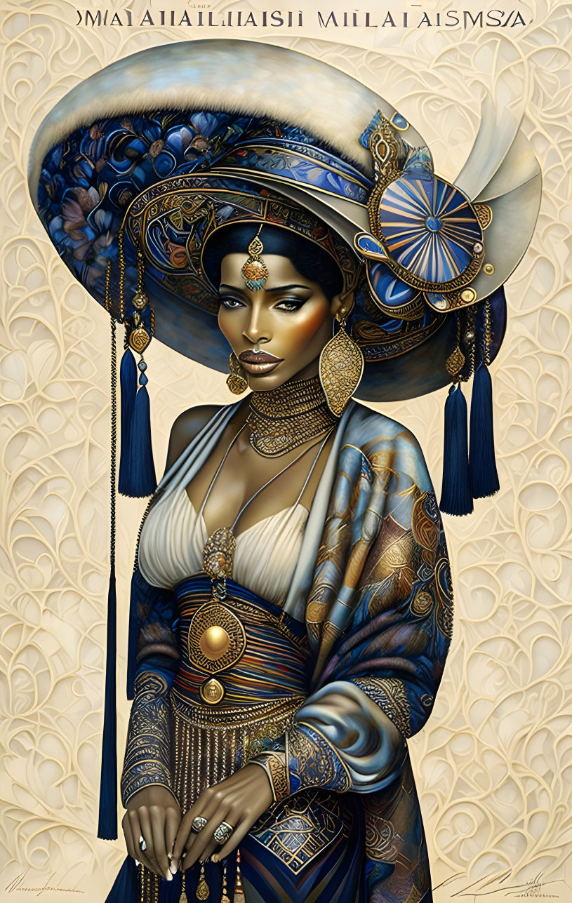 Elaborate Golden Jewelry and Headdress on Woman Illustration