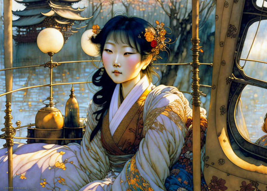 Traditional East Asian attire painting of woman by lantern-lit garden