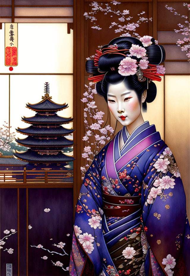 Traditional Japanese Geisha in Floral Kimono Overlooking Pagoda Amid Cherry Blossoms