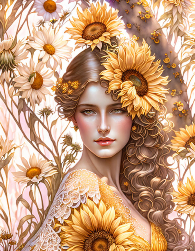 Woman with Sunflowers in Hair and Dress on Floral Background