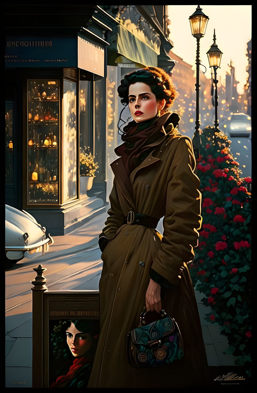 Stylish woman in trench coat on city street at dusk with vintage street lamps and classic car