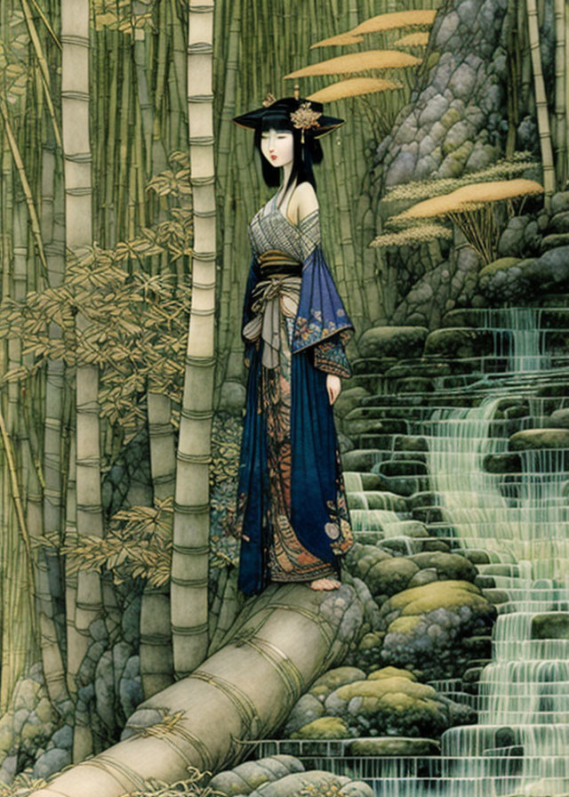 Traditional Japanese Attire Woman on Bridge with Waterfalls