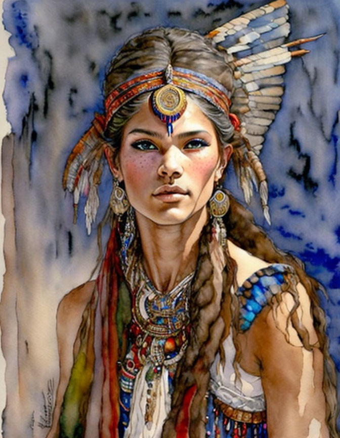 Portrait of Woman in Native American Headdress on Watercolor Background