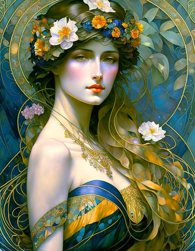 Stylized portrait of a woman with golden hair and floral wreath against teal backdrop