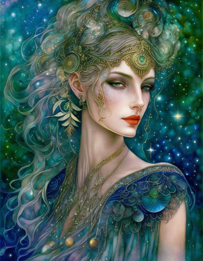 Ethereal woman with gold head jewelry and blue hair in starry backdrop