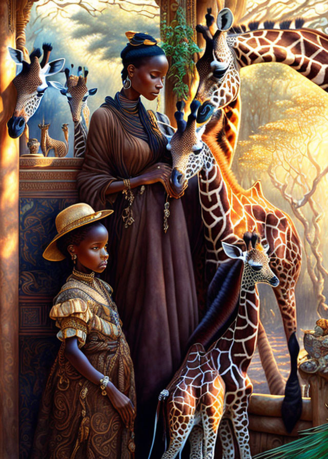 Woman and child among giraffes in sunlit forest with magical ambiance