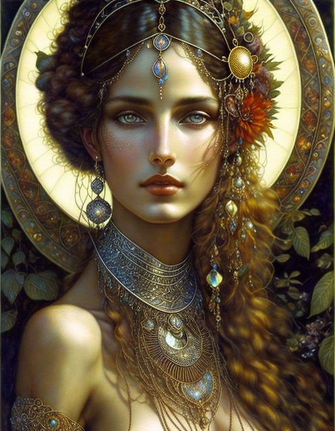 Fantasy portrait of woman with intricate jewelry and golden halo in lush foliage