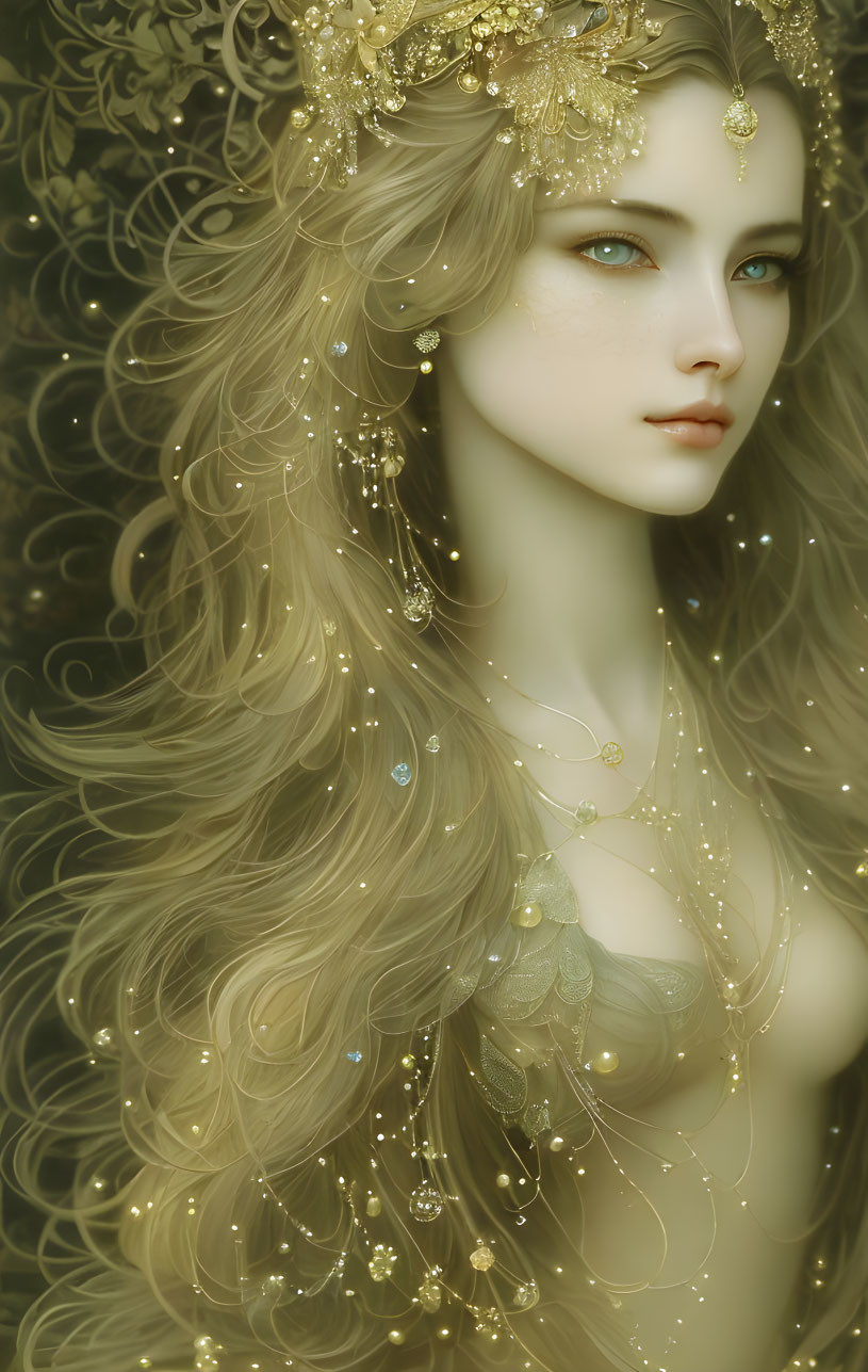 Mystical woman with long blonde hair and golden jewelry on ornate background