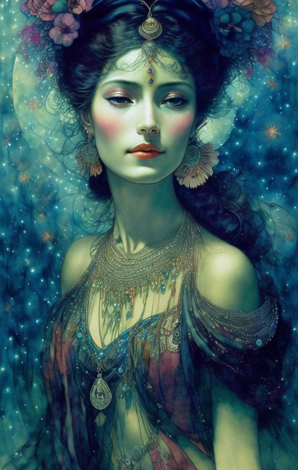 Detailed illustration of woman with intricate jewelry and floral headdress on starry blue backdrop