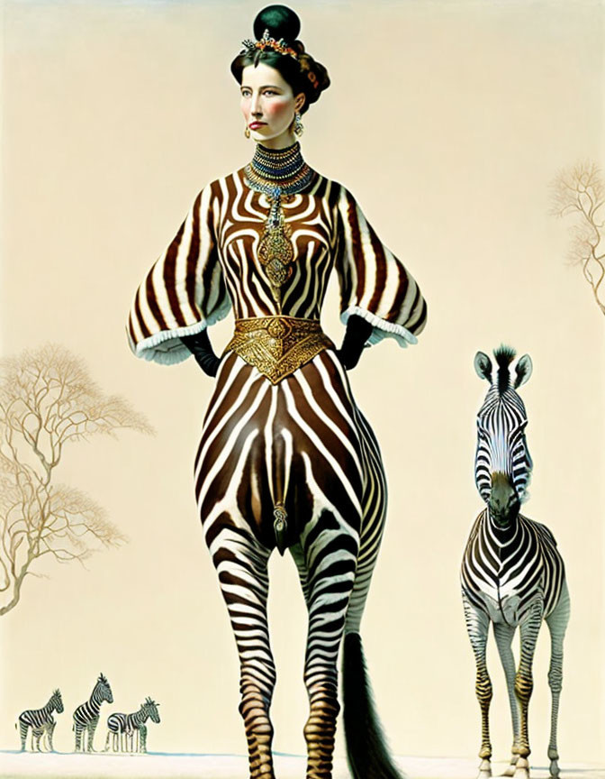 Woman in zebra-patterned dress posing with real zebra and statues