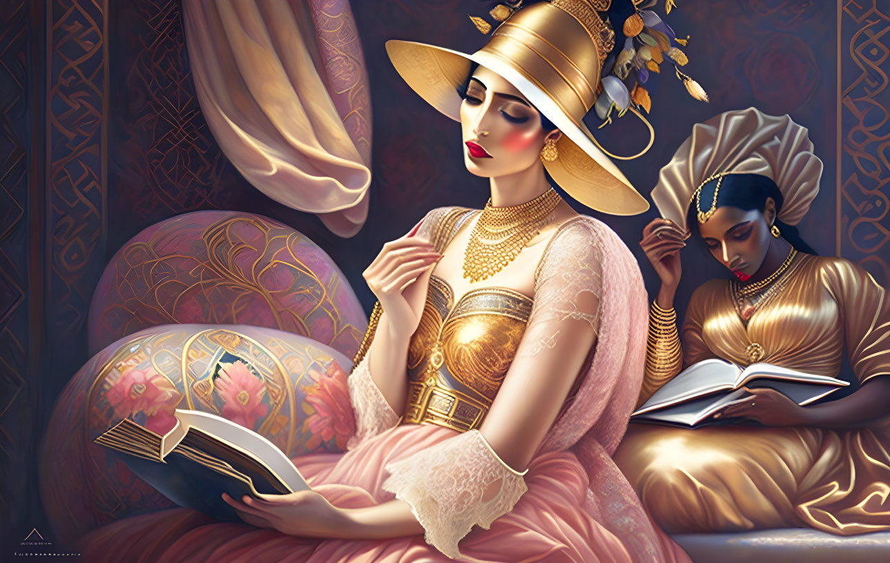 Opulent attire women reading books in illustration