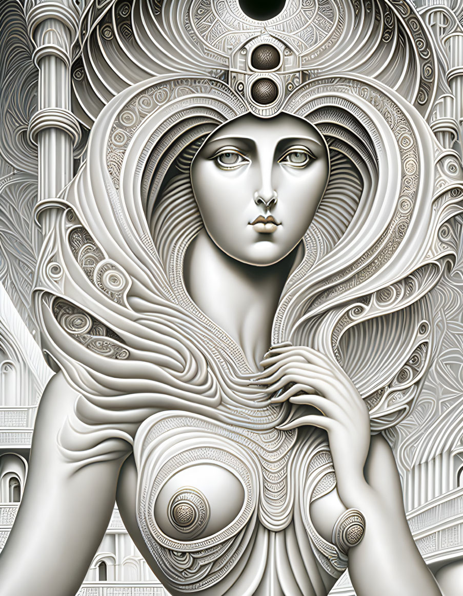 Monochromatic artwork of a stylized woman in flowing robes amid intricate architectural details