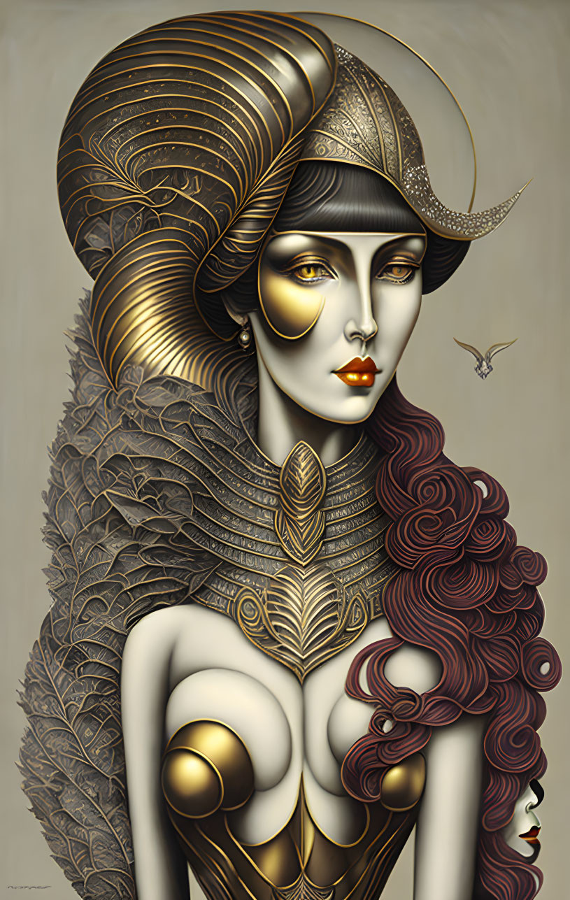 Stylized woman with golden helmet and bird feather designs