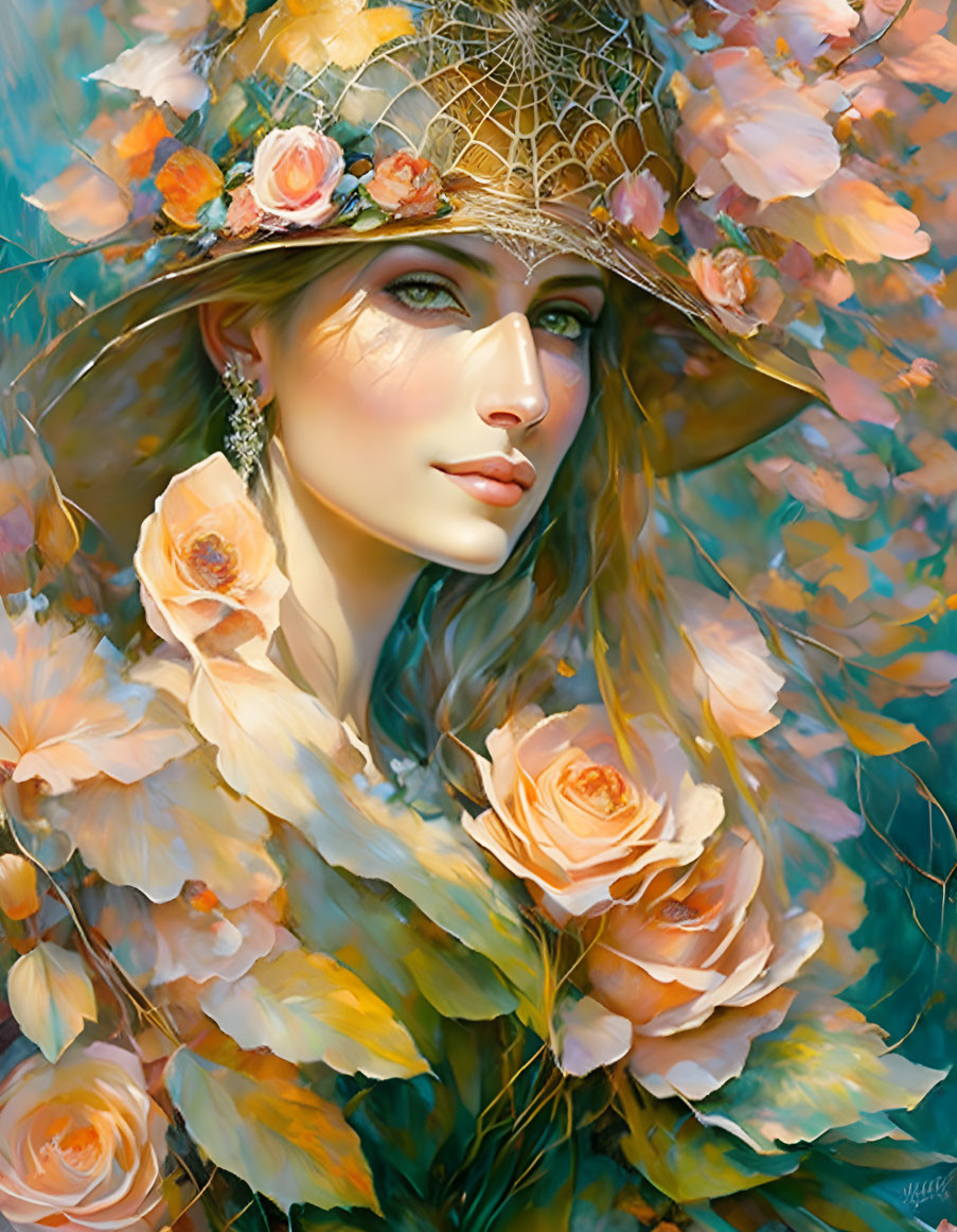 Woman in Floral Hat and Shawl Surrounded by Orange and Teal Hues