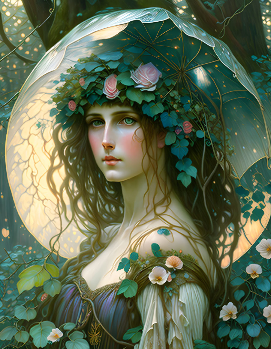 Fantastical portrait of a woman with rose wreath, blue eyes, lush greenery, and