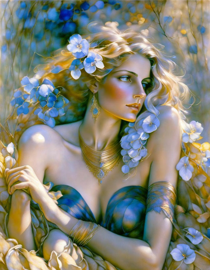 Fantasy Artwork: Woman with Golden Hair and Jewelry Among Blue Flowers