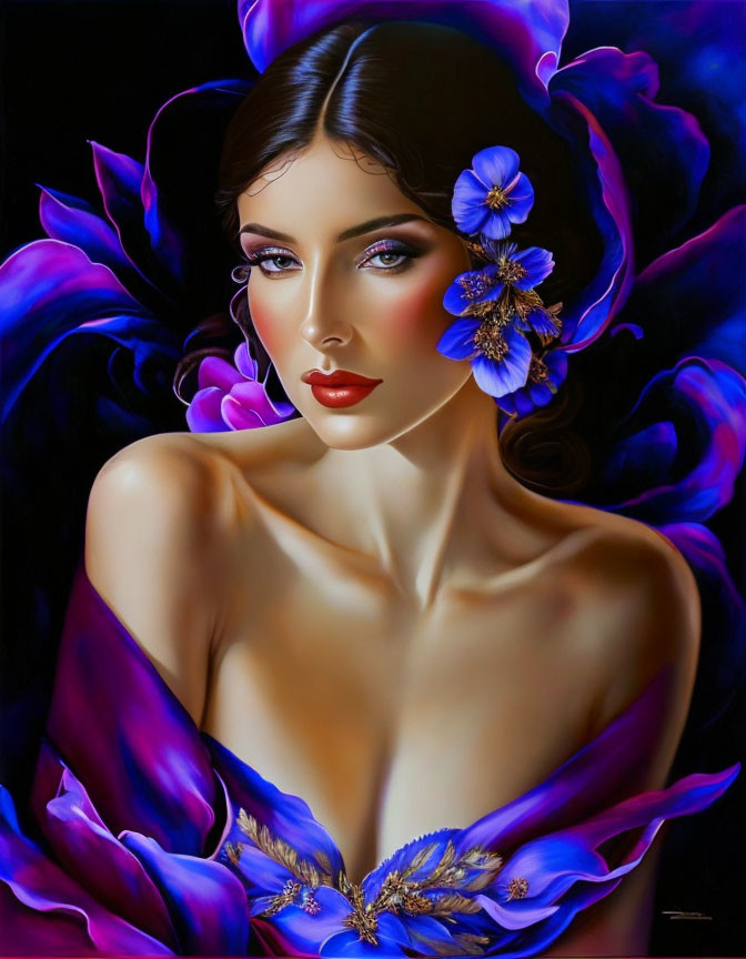 Portrait of woman with striking blue eyes and purple flowers - elegant and mysterious