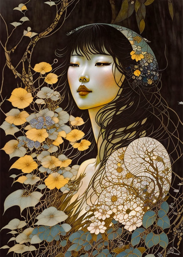 Dark-haired woman portrait surrounded by golden floral patterns on a dark background