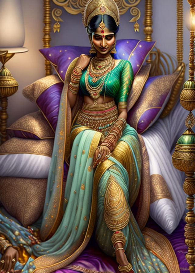 Elegant Woman in Traditional Indian Attire with Intricate Jewelry