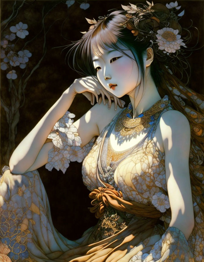 Traditional Attire Woman Surrounded by Night Blooms