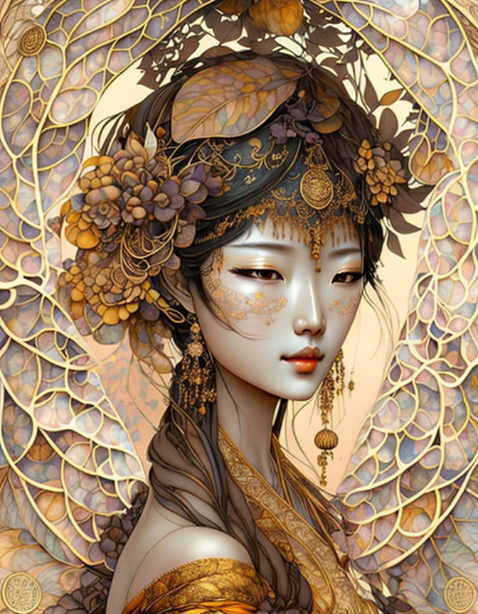 Detailed illustration: Asian woman with ornate gold jewelry and headdress on intricate golden background