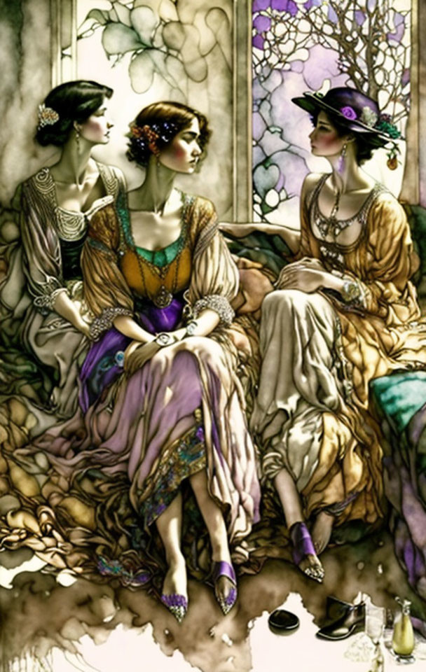 Three women in vintage attire near stained glass window with art nouveau details