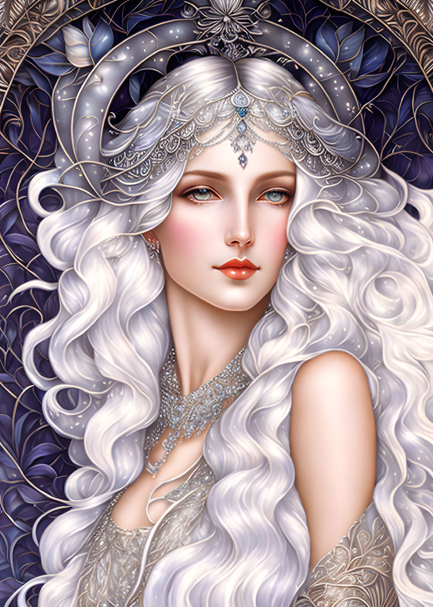 Portrait of woman with white hair and moon jewelry on blue background