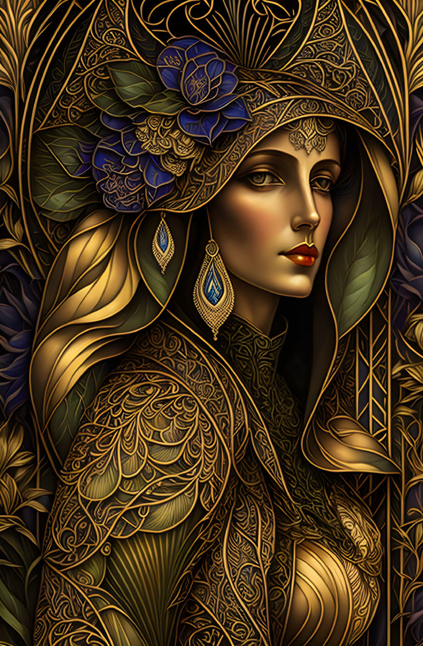 Art Nouveau Style Woman Illustration with Gold Headdress