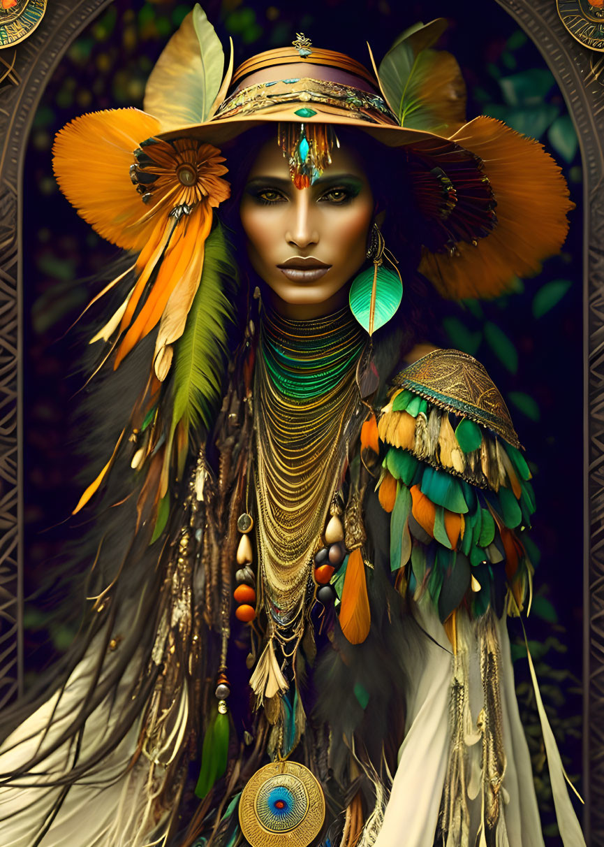 Bohemian-style woman with wide-brim hat and peacock feather motif