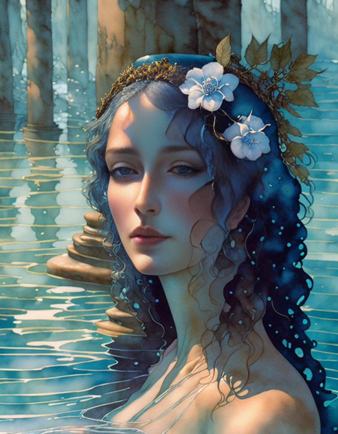 Illustrated portrait of woman with blue hair in water with flowers and columns