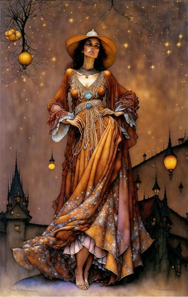 Elegant woman in ornate dress with wide-brimmed hat against fantastical backdrop