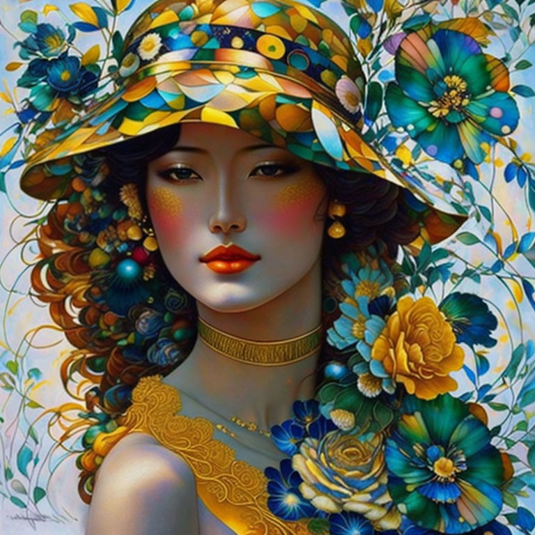 Illustrated woman with floral hat and vibrant flowers in rich colors