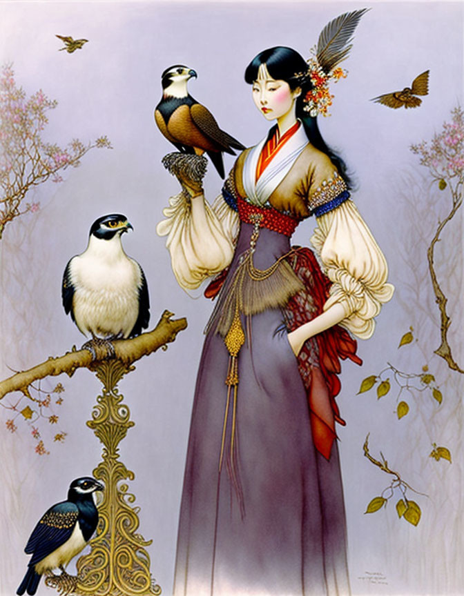 Illustration of woman in traditional attire with birds perched and in flight