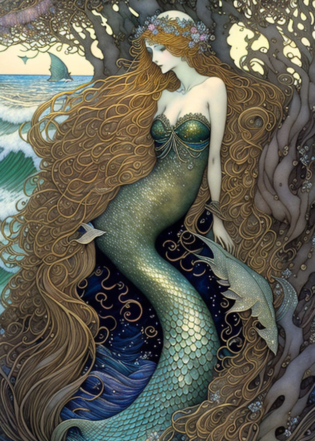 Illustrated mermaid with flowing hair and sparkling tail by the sea surrounded by marine flora and fauna