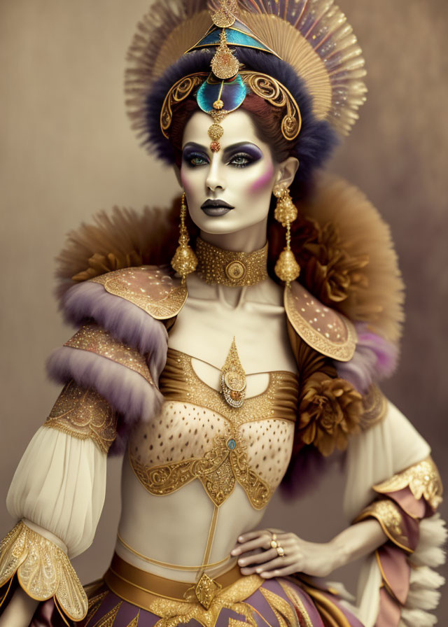 Elaborate fantasy costume with golden armor and purple accents