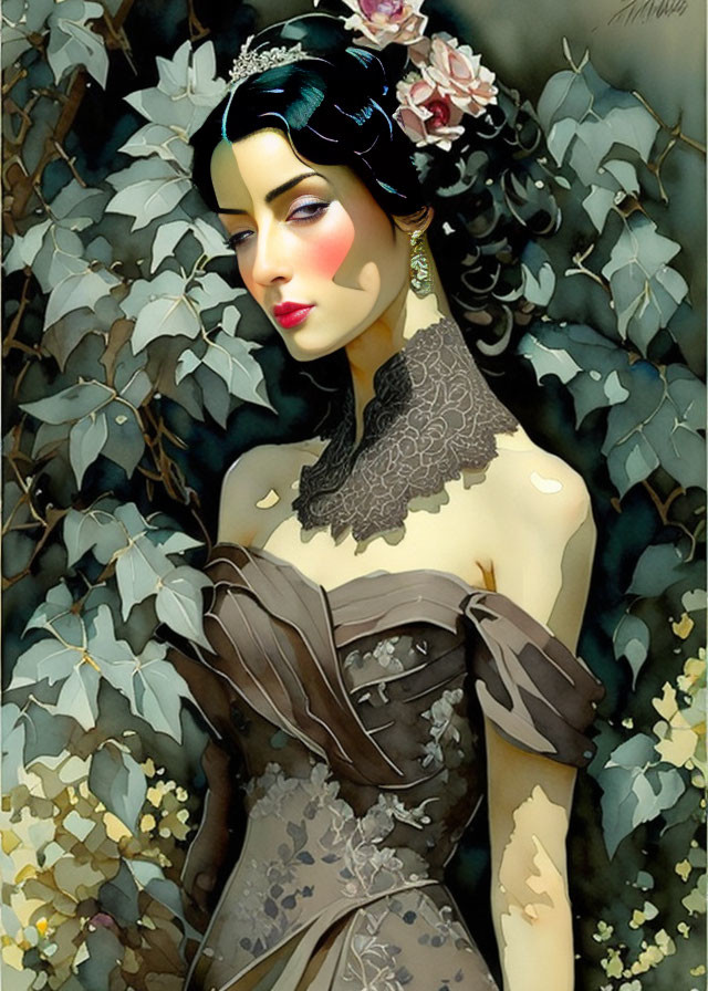 Illustrated woman with dark hair in brown dress against leafy backdrop