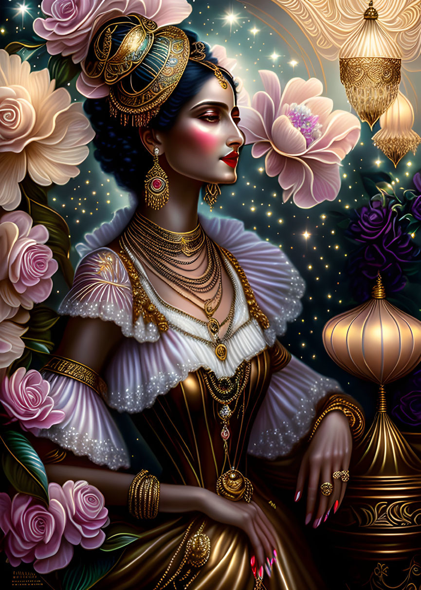 Illustrated woman in ornate attire with flowers and lanterns showcasing elegance.