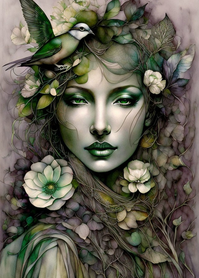 Illustration of woman with green skin in nature setting