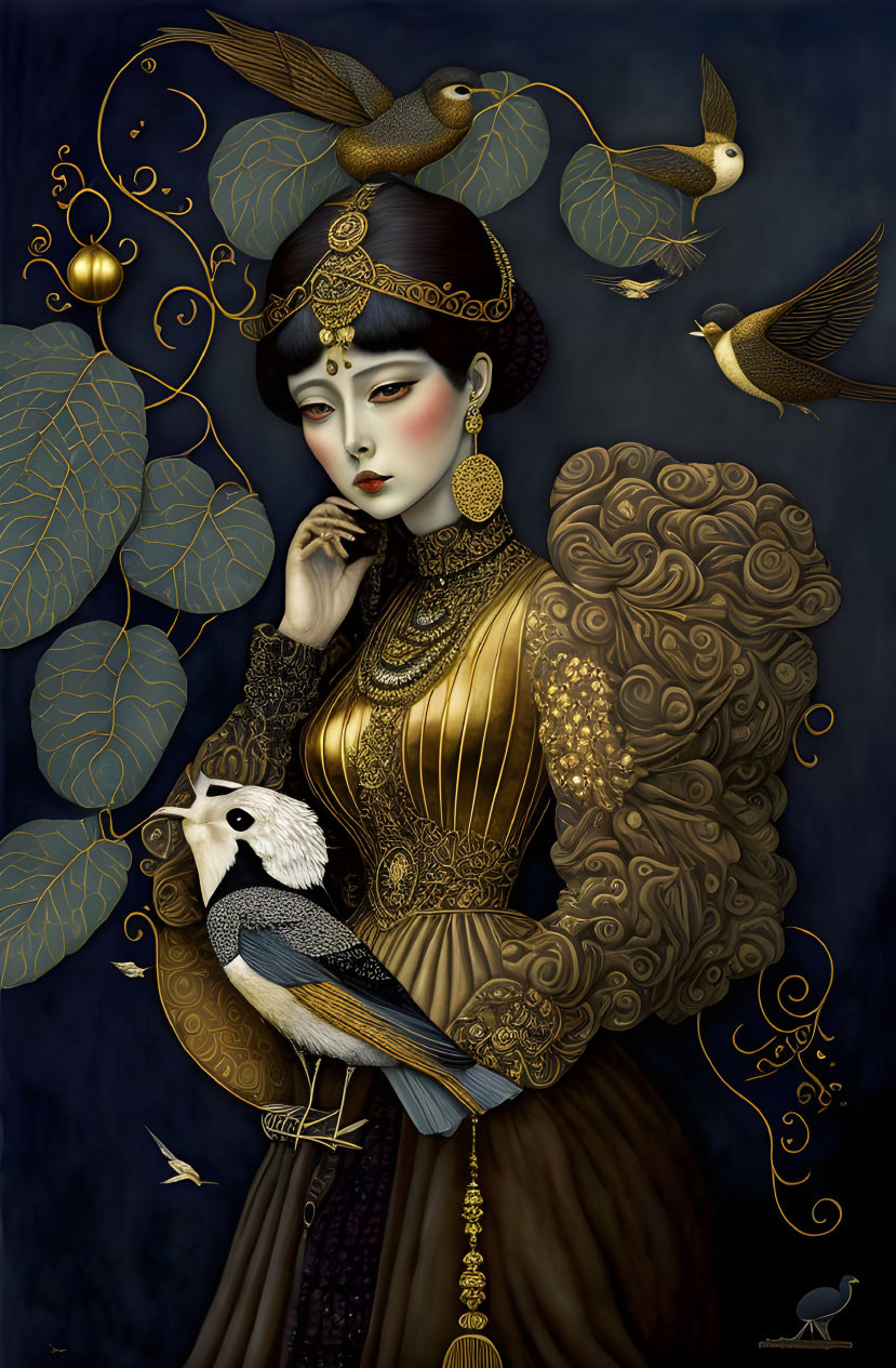 Stylized painting of woman in ornate attire with gold accents and birds on dark background