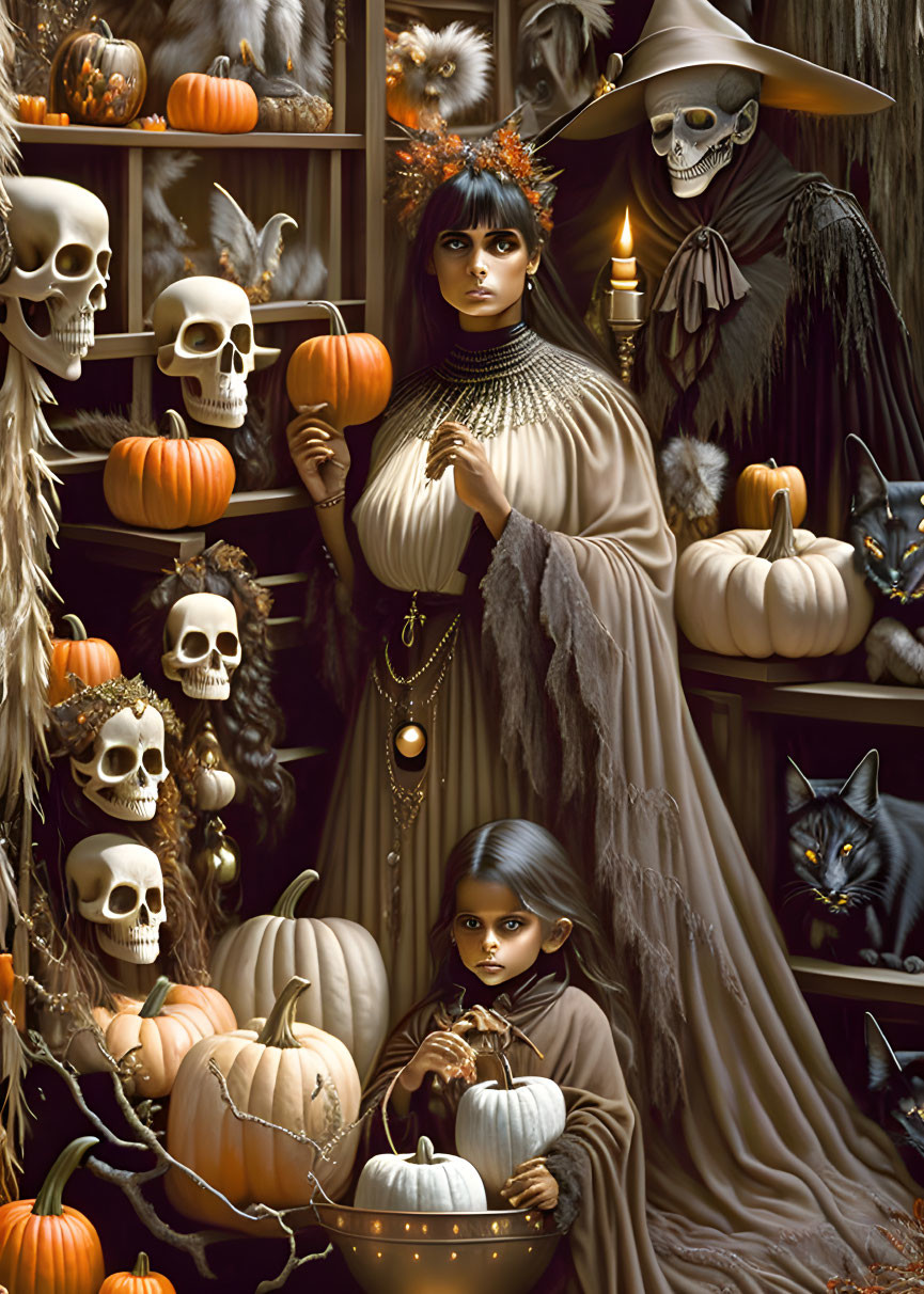 Gothic Halloween portrait with two people, pumpkins, skulls, candles, and black cats